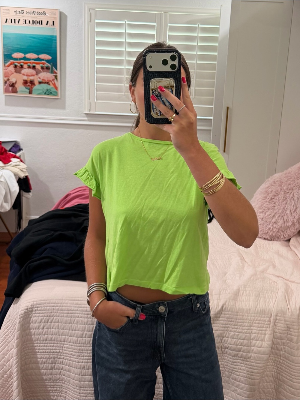 Zara Neon Green Ruffle Sleeve Crop Top